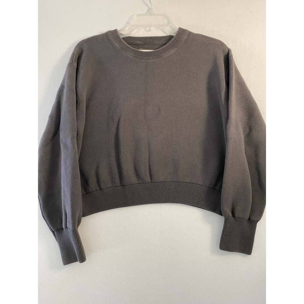 Aerie Women Small Gray Cropped Cotton Knit Crewneck Sweater Long Sleeve Ribbed